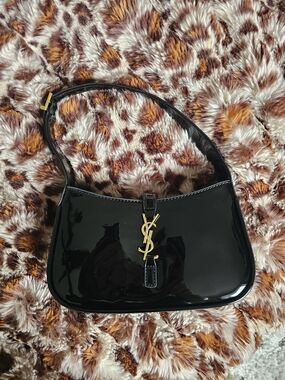 Saint Laurent Black Patent Shoulder Bag with Gold YSL Logo
